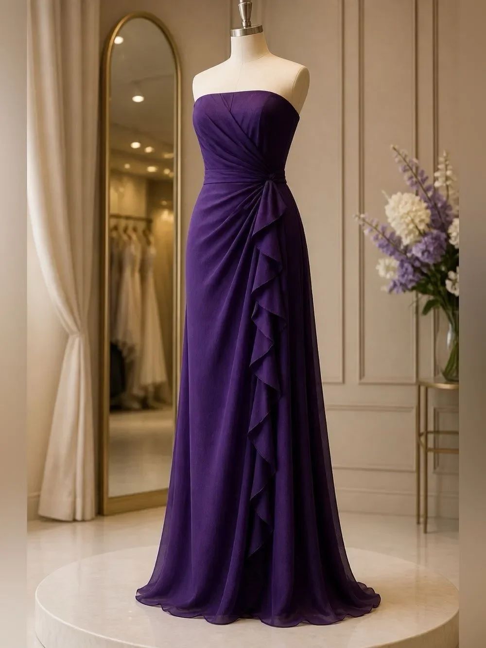 PLUM CHIFFON RUFFLE CASCADE SIZE 6 by DAVIDS BRIDAL EUC